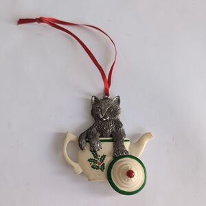 Gorham Pewter Christmas Ornament Pewter Kitty Cat in Teapot
